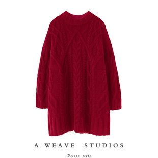 不同凡响的款！加厚粗棒针100%纯山羊绒衫女圆领中长款毛衣慵懒风