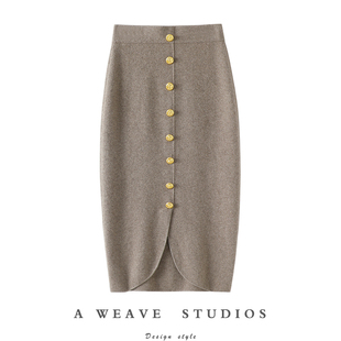 官方正品！前后两穿四平针加厚100%纯山羊绒包臀裙半身铅笔裙子