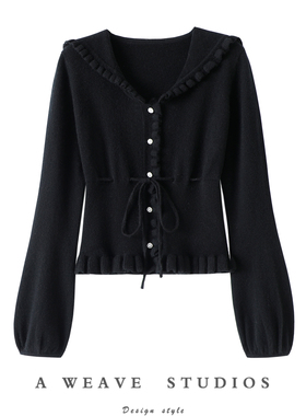 上身即爱~后系带木耳边100%纯山羊绒开衫女纯羊绒毛衣针织衫秋冬