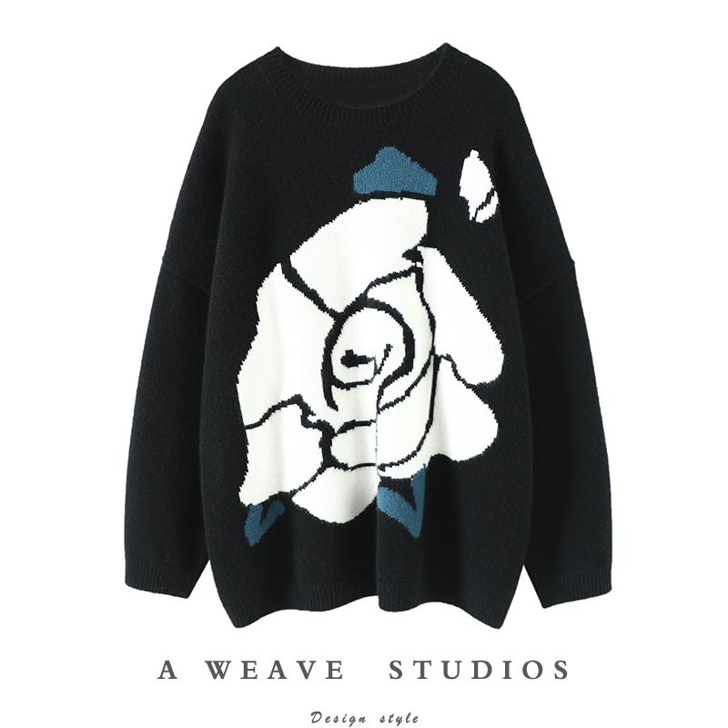 加厚白玫瑰提花羊绒衫女圆领纯羊绒毛衣宽松慵懒风