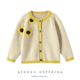 精致GAO端~纯手工钩花儿童羊绒开衫女圆领纯羊绒毛衣针织秋冬外套