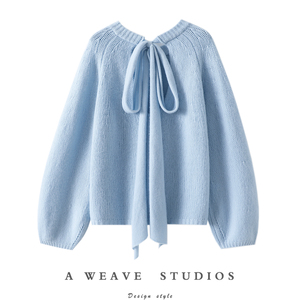 仙域氛围感~后飘带蝴蝶结100%纯山羊绒衫女圆领纯羊绒毛衣宽松