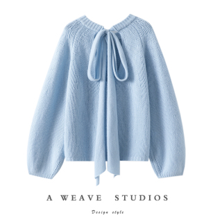 仙域氛围感 女圆领纯羊绒毛衣宽松 后飘带蝴蝶结100%纯山羊绒衫