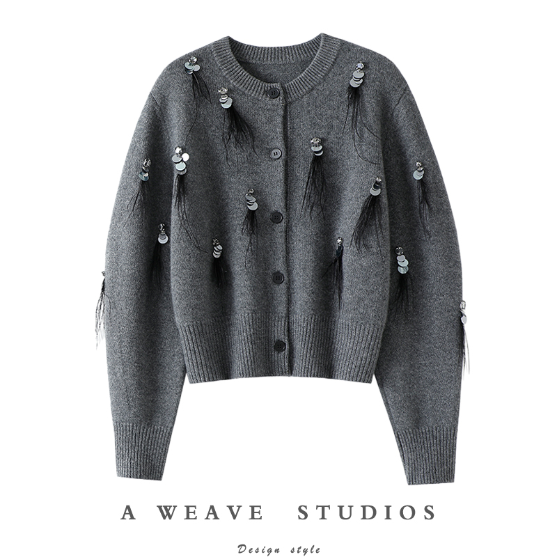 启超官方！时髦风向标~新款亮片流苏装饰100%纯山羊绒开衫女圆领