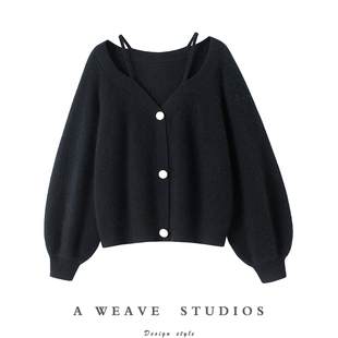 散落在人间!!贝壳扣V领100%纯山羊绒开衫女肩带设计显瘦秋冬