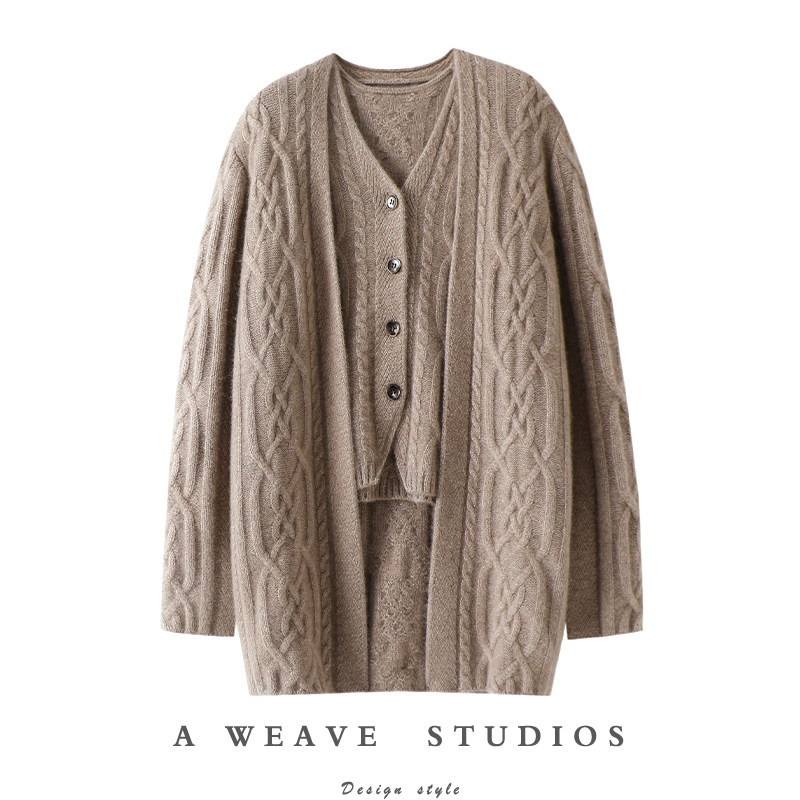 如内心独白！加厚100%纯山羊绒开衫女V领纯羊绒毛衣针织背心套装