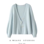 启超官方正品 外套 纯羊绒毛衣针织开衫 加厚V领100羊绒开衫 灯笼袖