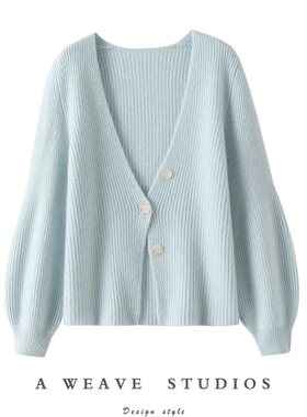 启超官方正品！加厚V领100羊绒开衫灯笼袖纯羊绒毛衣针织开衫外套