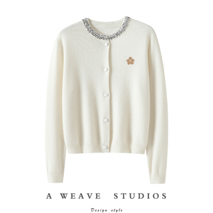 官方正品！慢热喜静！亮片设计100%纯羊绒衫花朵提花针织开衫外套