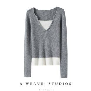 漫步巴黎的美！V领100%纯山羊绒衫女假两件纯羊绒毛衣针织打底衫