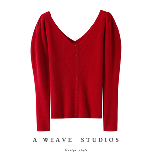 聚会焦点!复古泡泡袖前后V领100%纯羊绒衫女毛衣针织打底衫秋冬