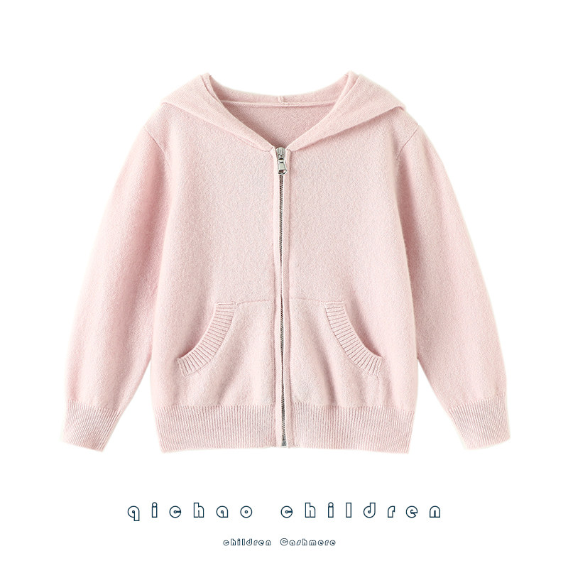 演绎暖和柔~儿童连帽羊绒开衫男童女童纯山羊绒毛衣宽松针织外套