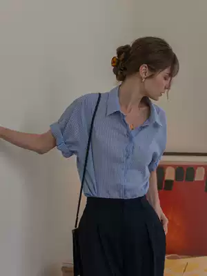 Dailyart French Retro Casual Blue and White Striped Top Temperament Short Sleeve Lazy Small Lapel Shirt Summer