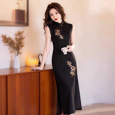 旗袍女原创自制高级新中式春夏薄款弹力定位花无袖旗袍  尊为金竹