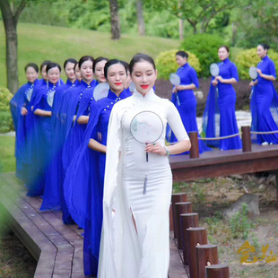 走秀长款旗袍2024新品时尚古典中国风演出服形体礼仪训导师服旗袍