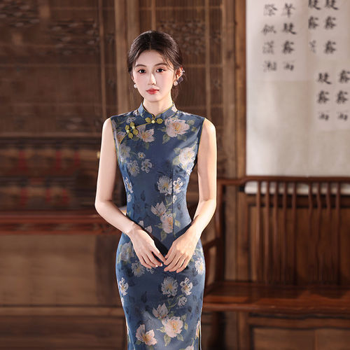 蓝色无袖国风新中式日常苏州长款旗袍改良年轻款2026新款女高级感