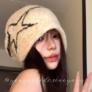 辣妹星星针织冷帽女秋冬韩系复古堆堆帽女护耳保暖百搭大头围包头