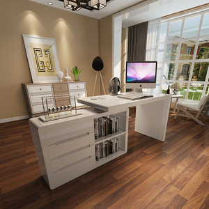 新品电脑桌个性时尚现代简约台式旋转白色烤漆书桌书架柜组合写字
