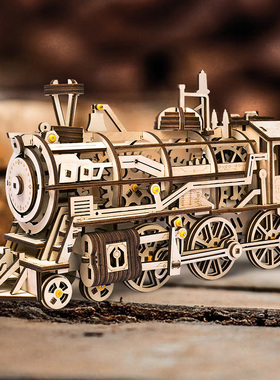 Rokr若态新款3D立体拼图木质机械传动火车头模型高难度拼装玩具