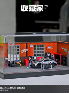 1:64汽车维修场景模型微观仿真道具带立体防尘展示盒搭配修车配件