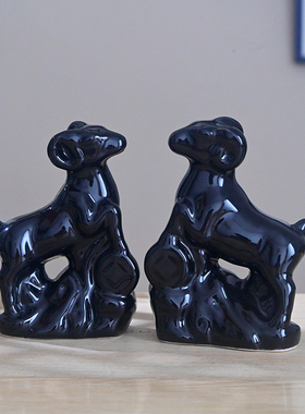 陶瓷小羊摆件风水招财生肖补角家居镇宅客厅工艺装饰摆设黑色一对