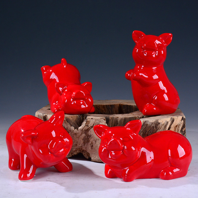 十二生肖红色猪摆件 小号可爱陶瓷猪 猪招财聚财镇宅吉祥风水饰品
