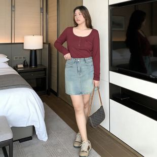 小包菜大码 牛仔半身裙女高腰显瘦A字短裙辣妹街头风