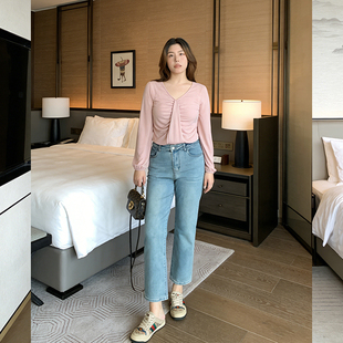 休闲蓝色梨型身材 女显瘦小个子法棍裤 大码 复古高腰直筒牛仔裤