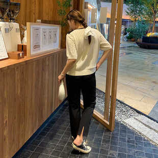 大码西装裤直筒显瘦烟管九分裤裤脚开叉后腰松紧微弹休闲裤子新款