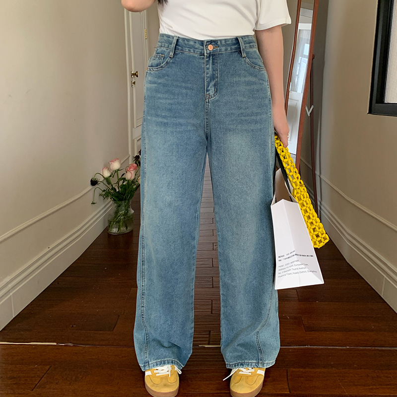 直筒夏通勤蓝色新款大码牛仔裤