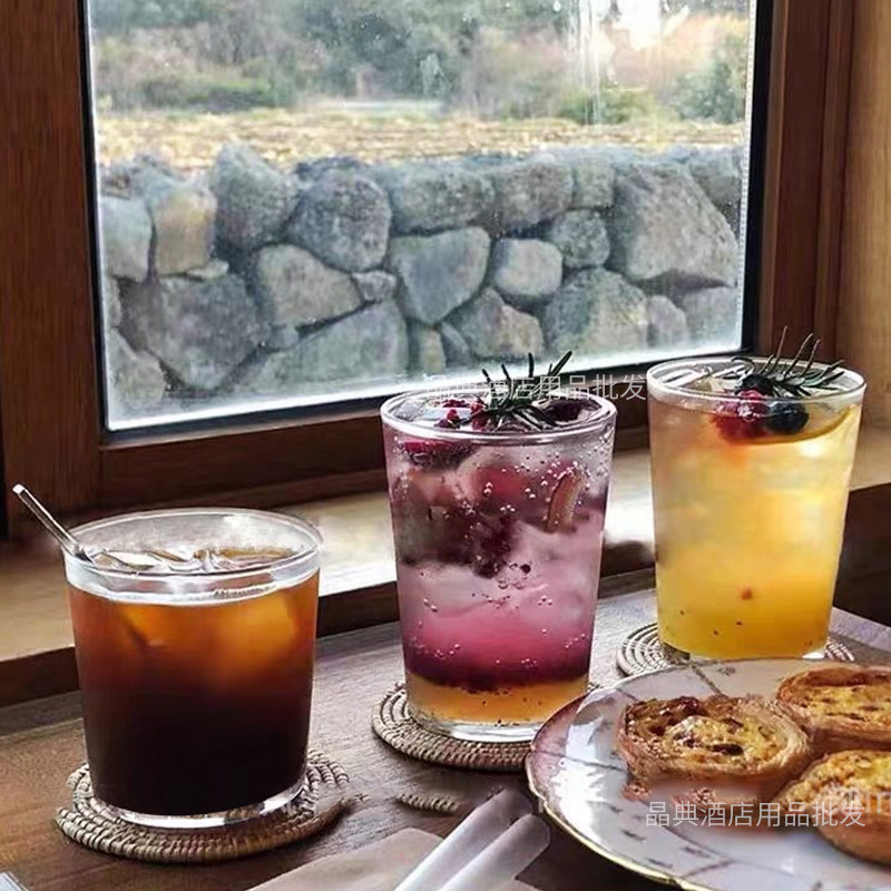 韩式小众ins风简约宽口玻璃杯子 早餐牛奶杯饮料水杯果汁杯咖啡杯