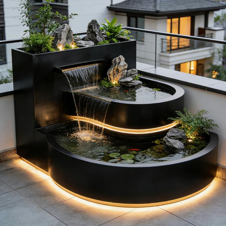 阳台不锈钢鱼缸流水鱼池花箱水景户外庭院露台瀑布喷泉假山摆件