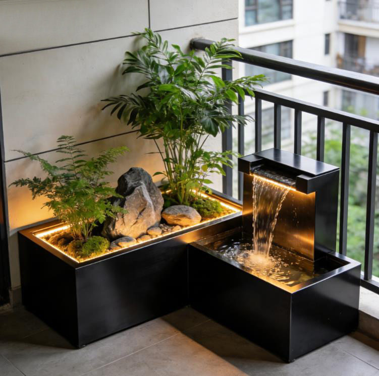 定制阳台不锈钢鱼池室内花箱户外露台庭院叠水造景金属室内外水池
