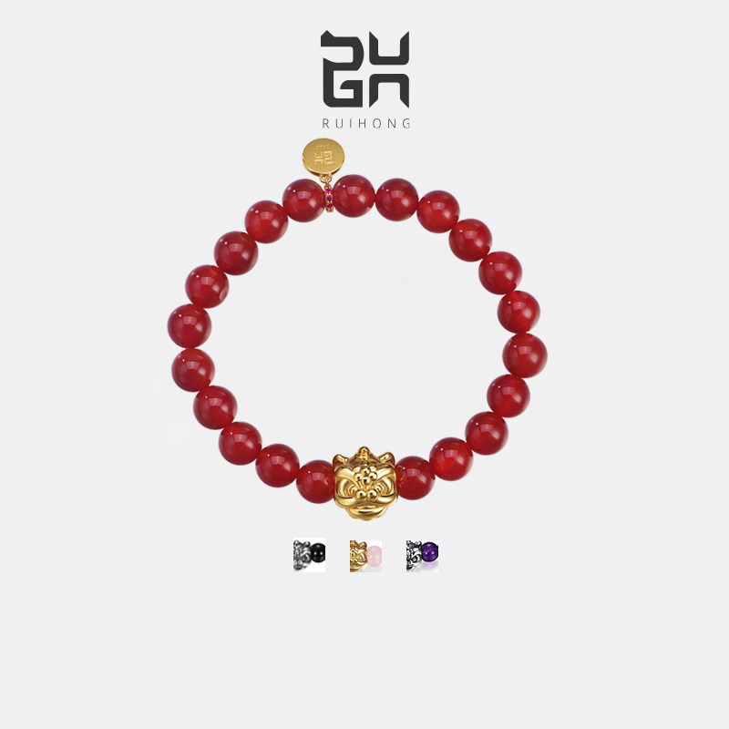 瑞红如意醒狮手串国潮个性手链复古玛瑙水晶转运手饰本命年礼物女