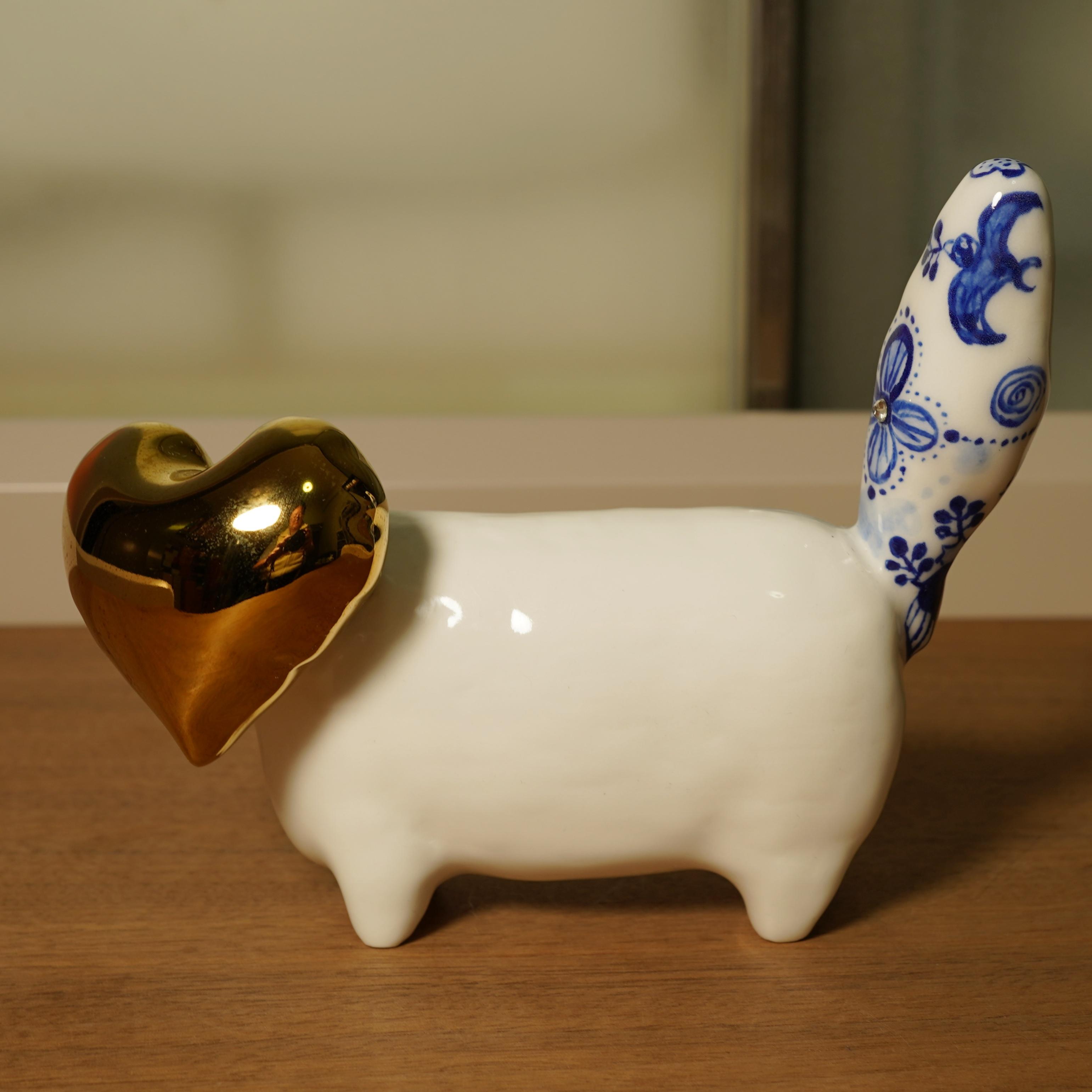 景德镇创意青花瓷小猫咪雕塑摆件艺术品韩国设计师手工作家器礼物