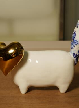 景德镇创意青花瓷小猫咪雕塑摆件艺术品韩国设计师手工作家器礼物