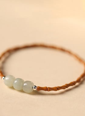 文艺森系田园风女细款橄榄核竹节和田玉石转运珠单圈气质小众手链