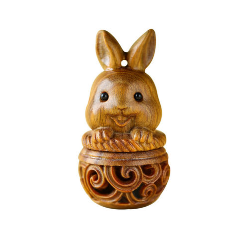 绿檀木雕生肖兔花篮兔子