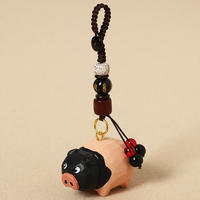 Handcrafted wood-carved two-headed black pig car keychain pendant, Zhu Yu style decorative item, cute bag pendant gift thumbnail 4
