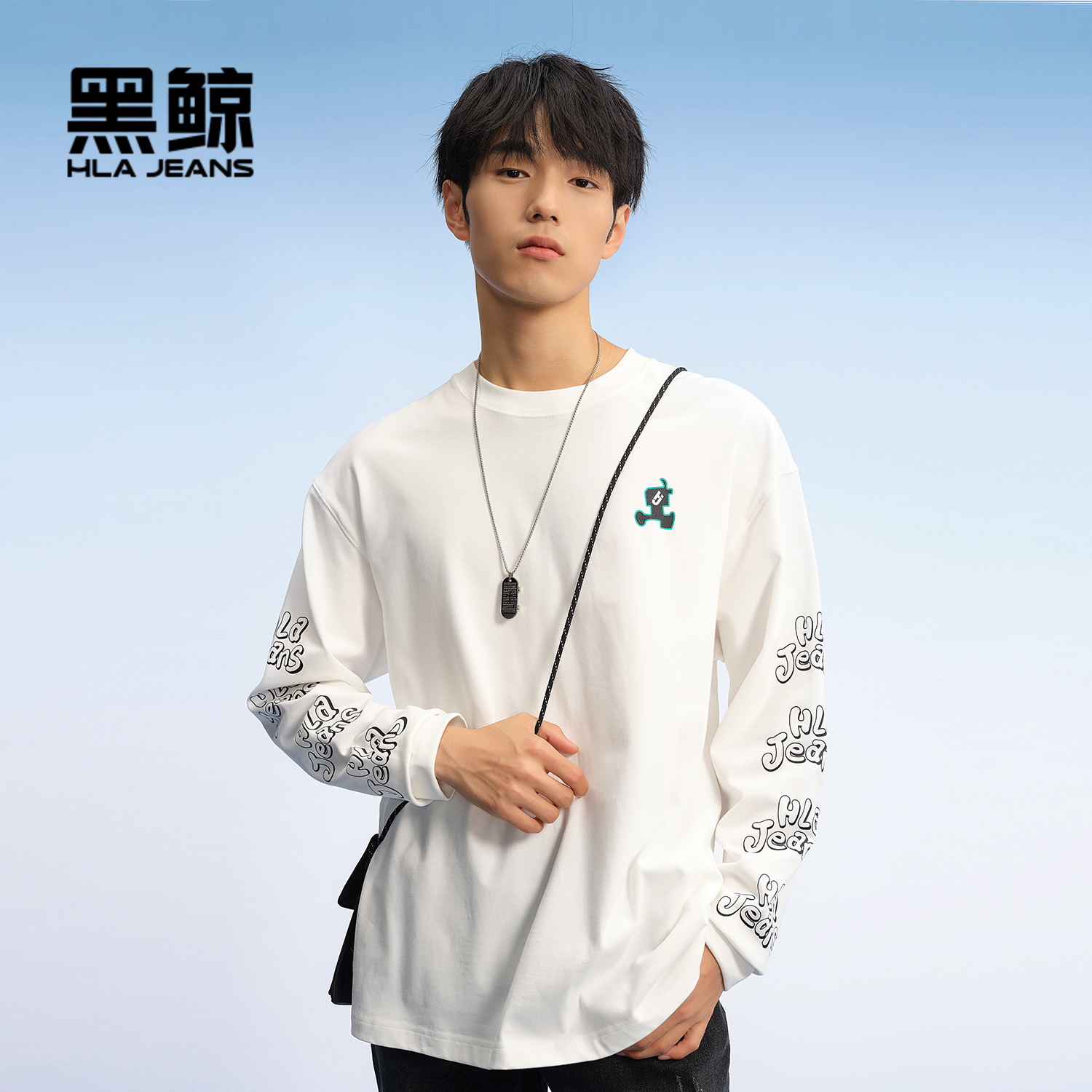 黑鲸满臂印花长袖T恤宽松