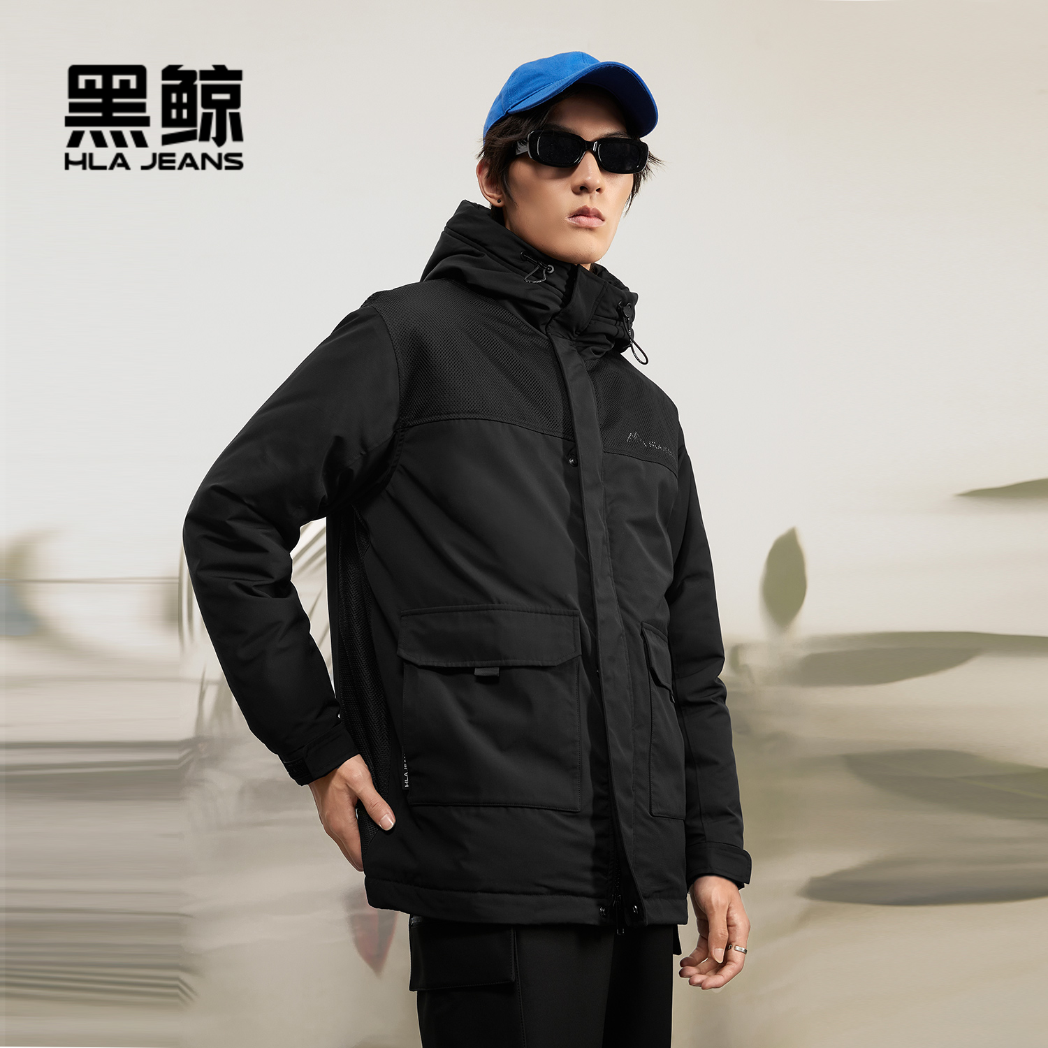 口袋外套黑鲸连帽羽绒服