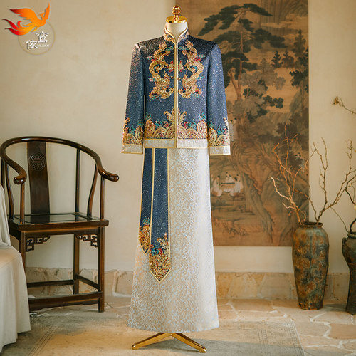 秀禾服男士新郎中式礼服2025新款高级结婚接亲敬酒服龙凤褂男金色