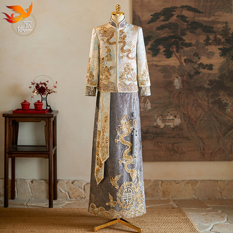 秀禾服男士高档金色新中式新郎结婚大码唐装接亲敬酒服龙凤褂秀和图片