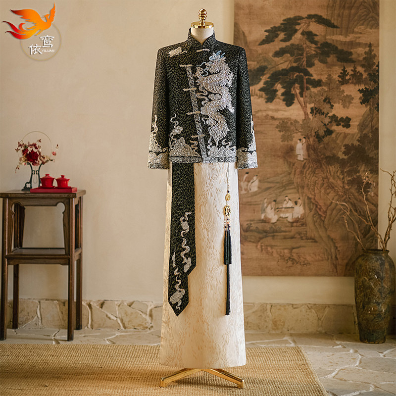 男士秀禾服新郎中式结婚礼服龙凤刺绣复古风立领长袖婚服龙凤褂男