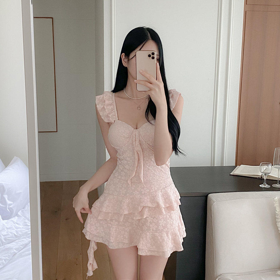 泳衣女款甜美少女连体裙式遮肚显瘦性感吊带纯欲风海边度假泡温泉