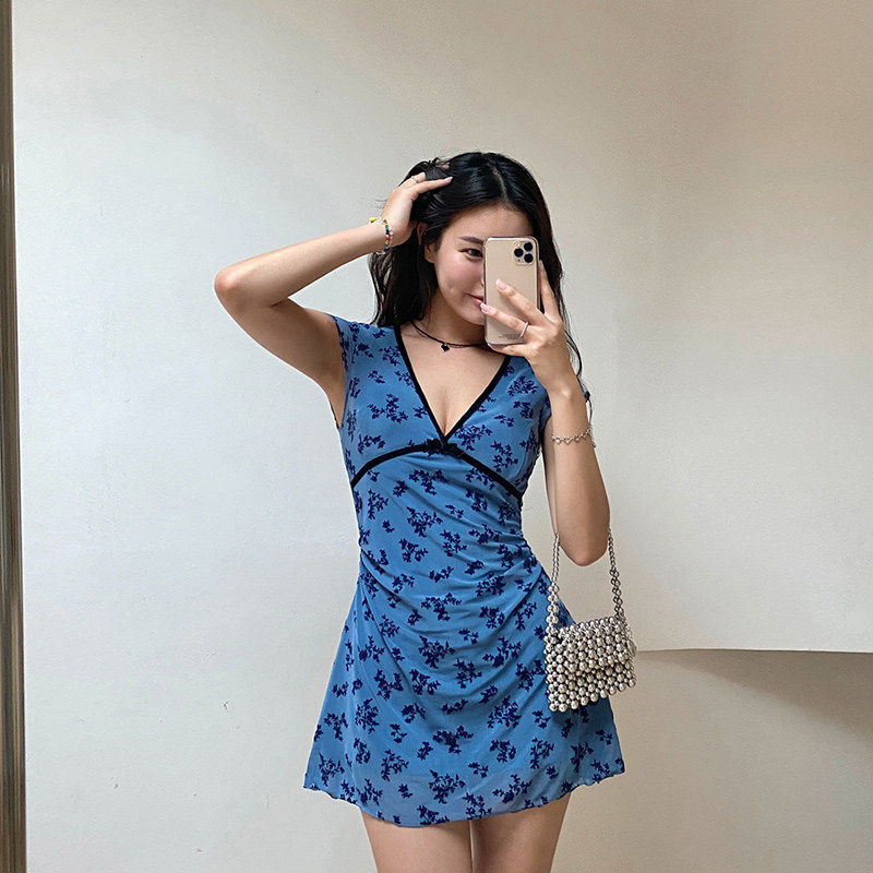 Go Girl Go自制欧美风复古深v碎花连衣裙女收腰修身显瘦a字裙短裙