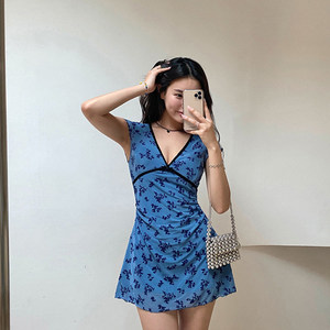 Go Girl Go自制欧美风复古深v碎花连衣裙女收腰修身显瘦a字裙短裙