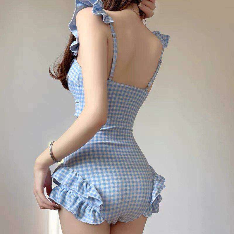 新款纯欲辣妹小清新蓝色格子连体泳衣女保守遮肚显瘦温泉泳装学生