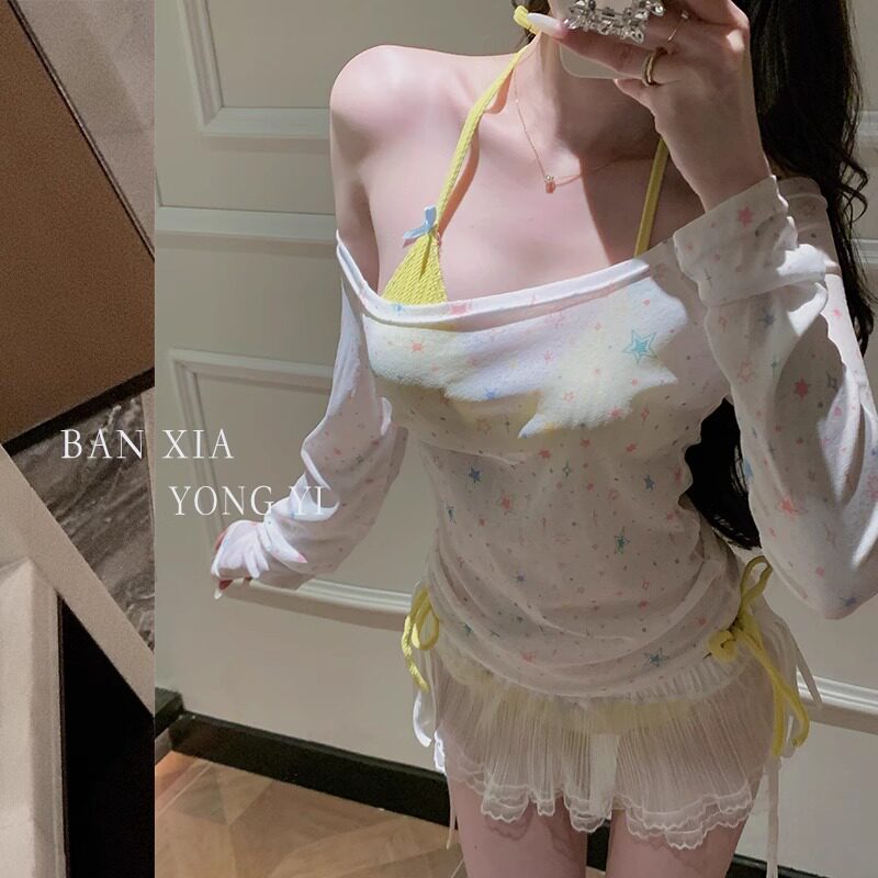 泳衣女2025夏新款韩版比基尼泰国甜心辣妹度假风泳衣显瘦长袖罩衫