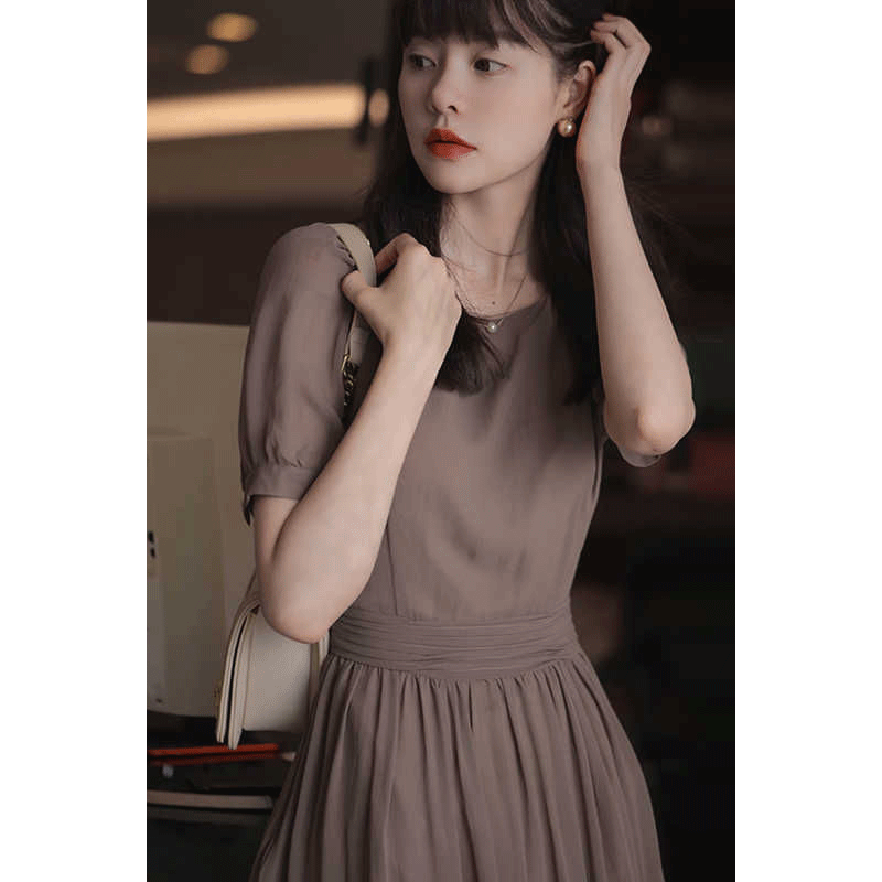 JAPANESE HIGH-END MOCHA BROWN CHIFFON DRESS SUMMER THIN WAIST THIN WAIST ELEGANT TEMPERAMENT PUFF SLEEVE MIDI SKIRT